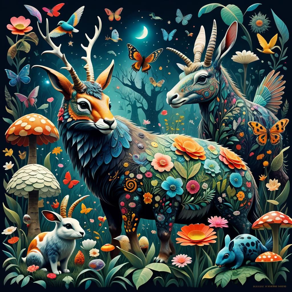 Whimsical Fantasy Animals in Detailed Collage
