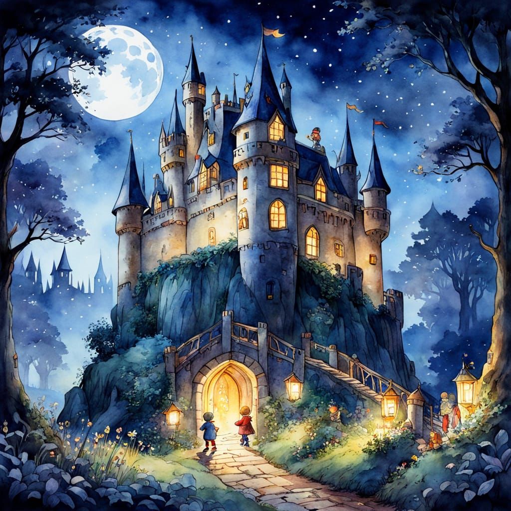 Whimsical Castle Scene in Watercolour Style
