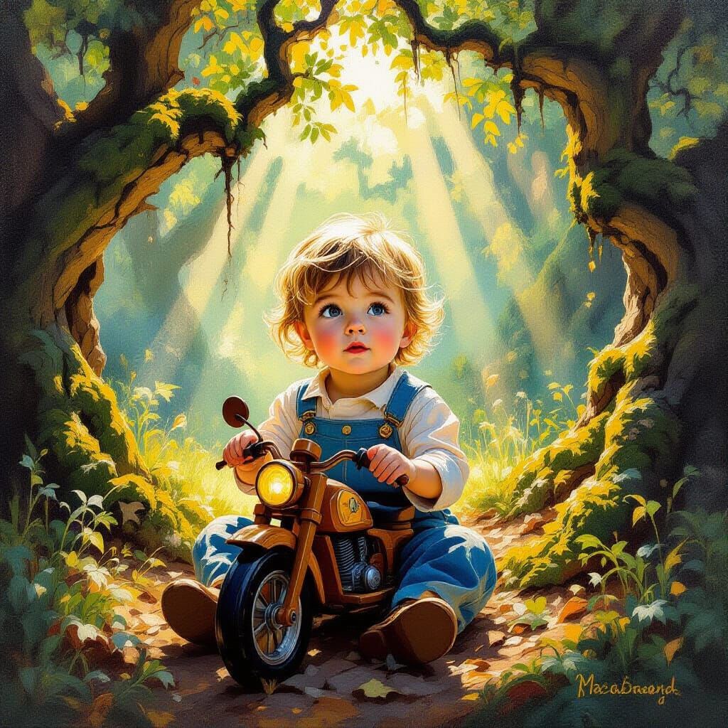 Child's Wooden Motorbike in Sunlit Forest Clearing