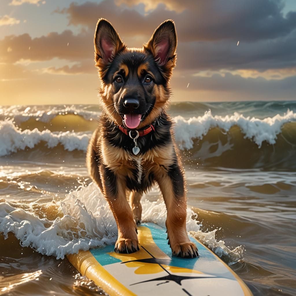 Happy Puppy Surfing: Hyperrealistic Digital Oil Painting
