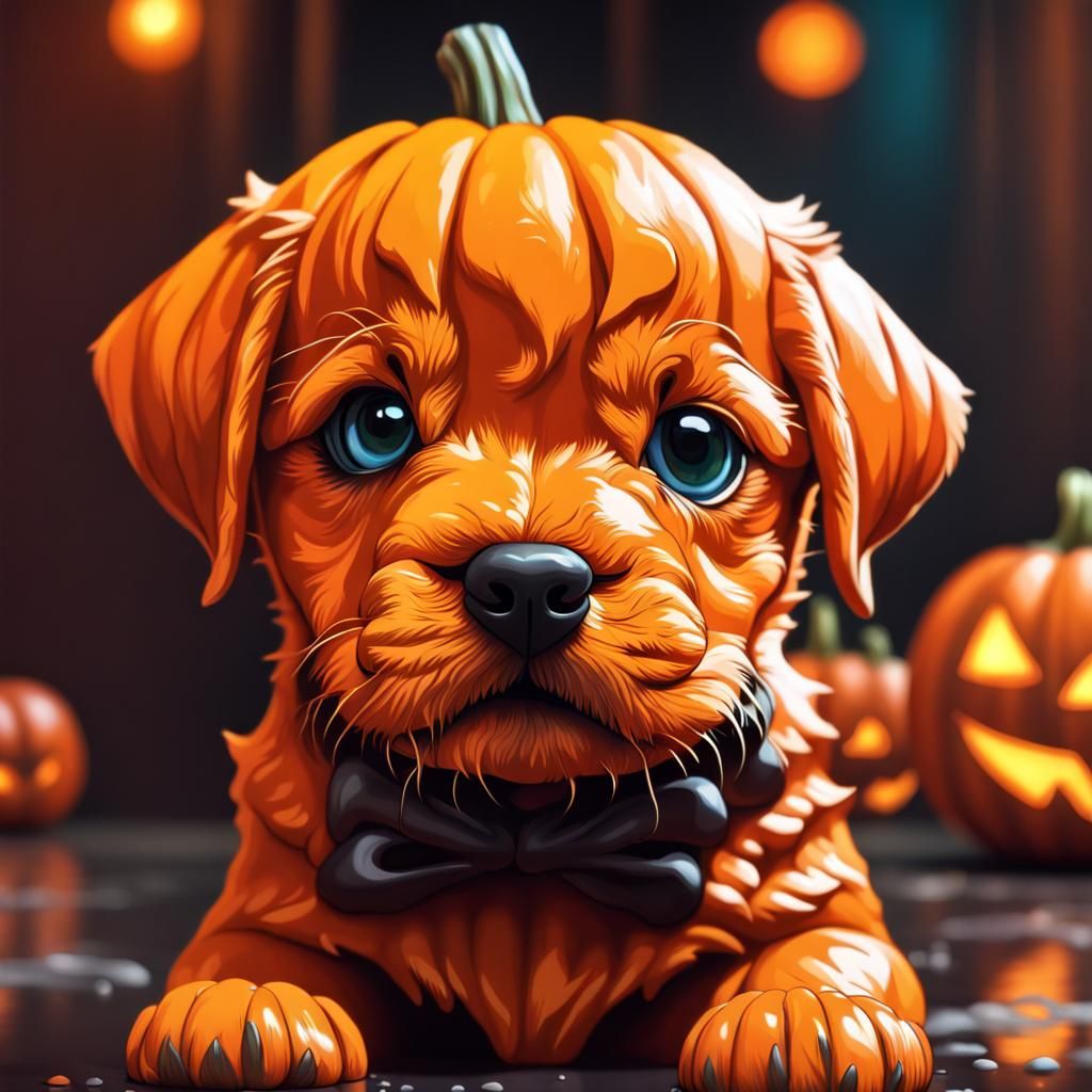 Hyperrealistic Puppy Jack O'Lantern Splash Art
