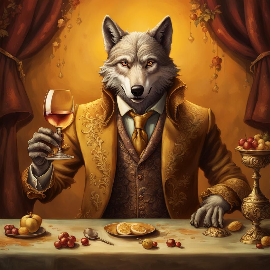 Anthropomorphic Wolf in Rococo Coat with Golden Goblet