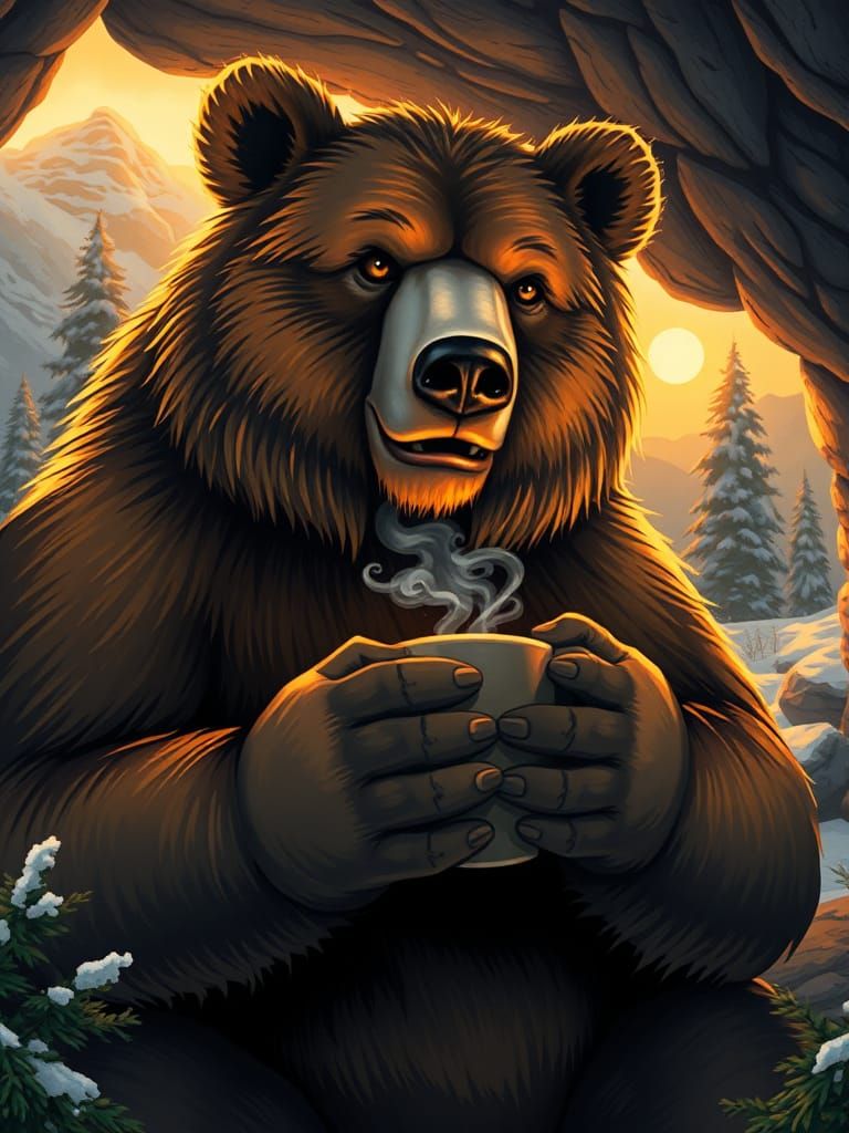 Grizzly Bear Cradles Coffee Mug in Snowy Forest