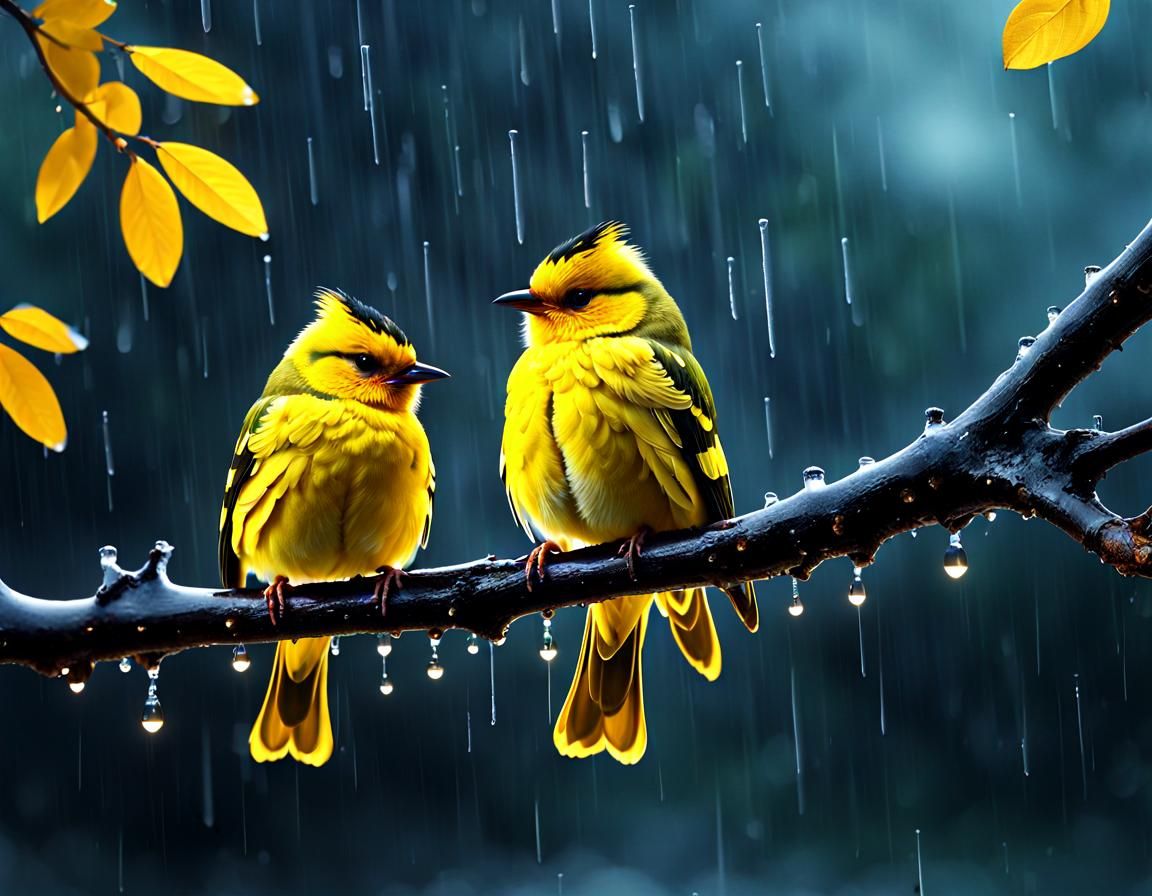 yellow birds enjoy the rain