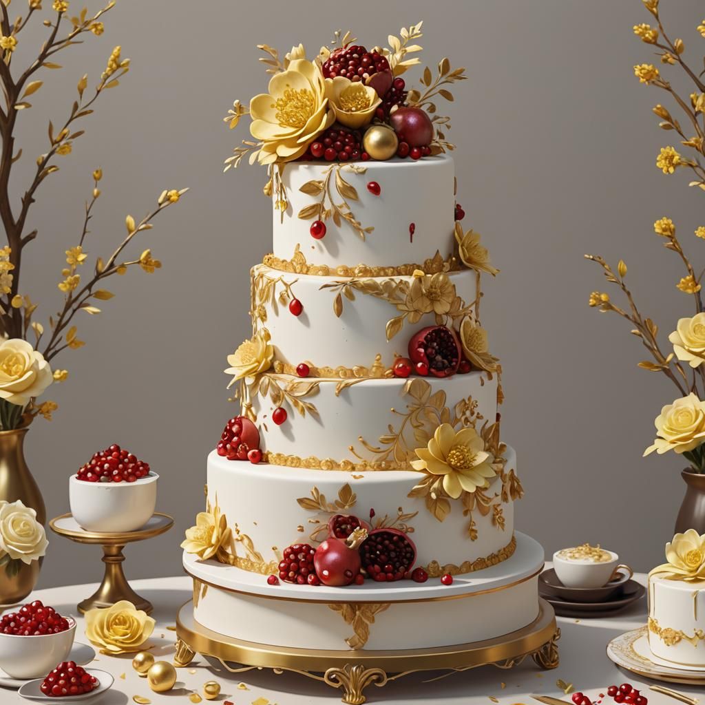 Elegant Wedding Cake with Pomegranates, Anime Art