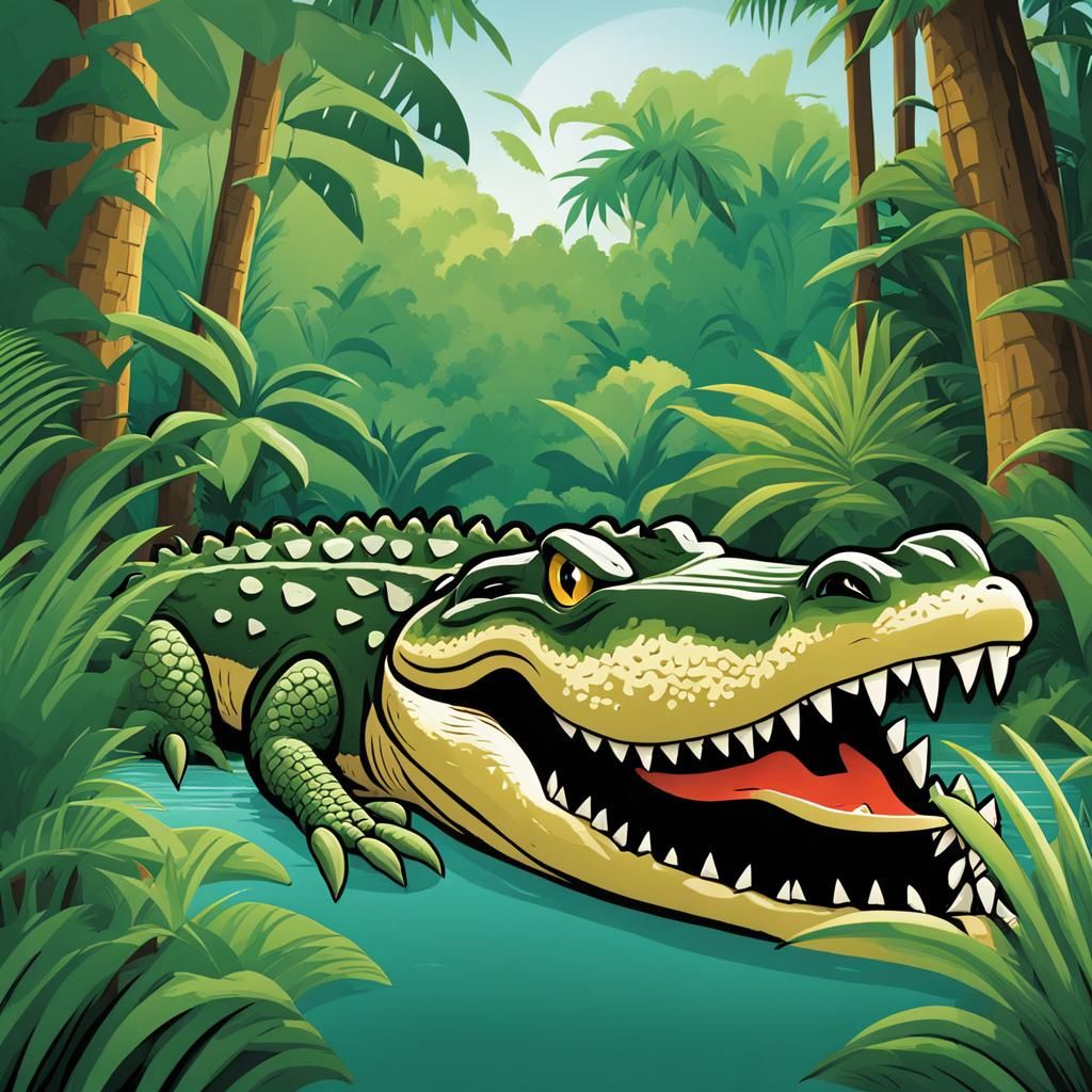 Friendly Cartoon Crocodile in Tropical Forest