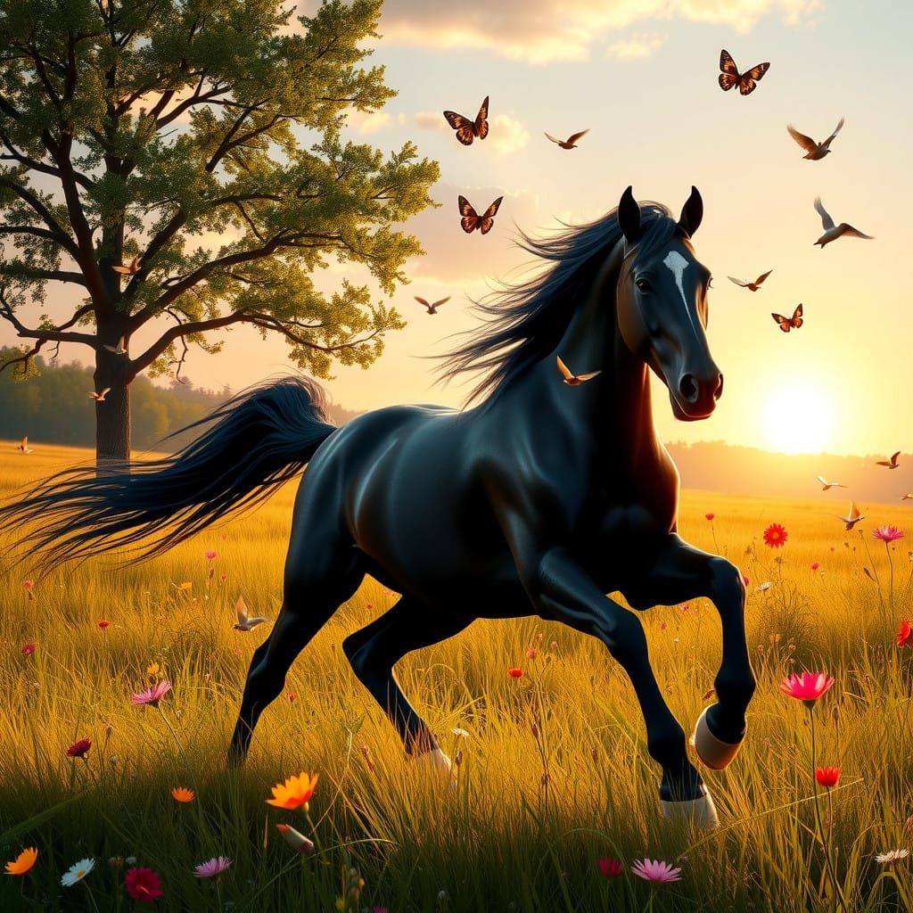 Majestic Friesian Horse in Vibrant Meadow under Golden Sun