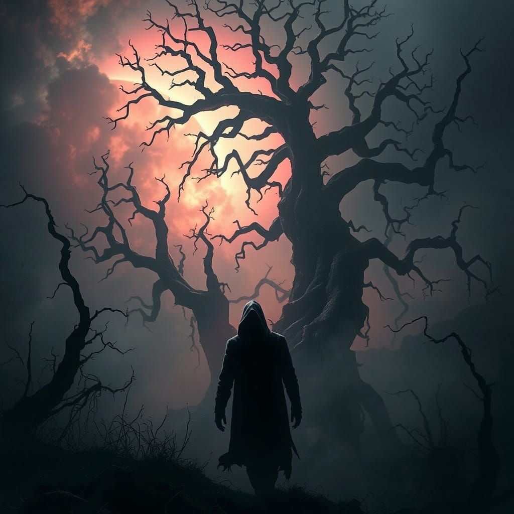 Surreal Macabre Scene Unveils Twisted Figure in Dark Landsca...