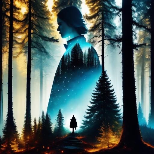 Double Exposure Sorceress in Starry Pine Forest
