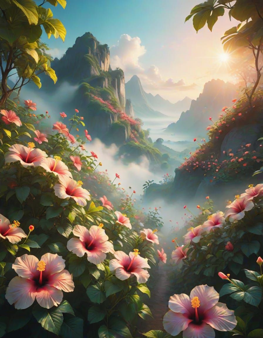 Magical Hibiscus Landscape with Shimmering Mist