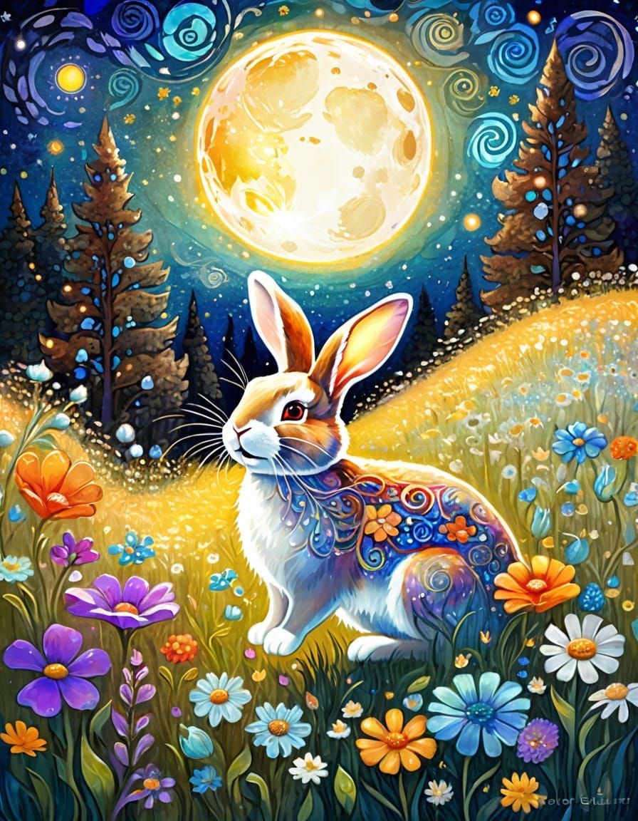 Art Nouveau Rabbit in Magical Flower Meadow