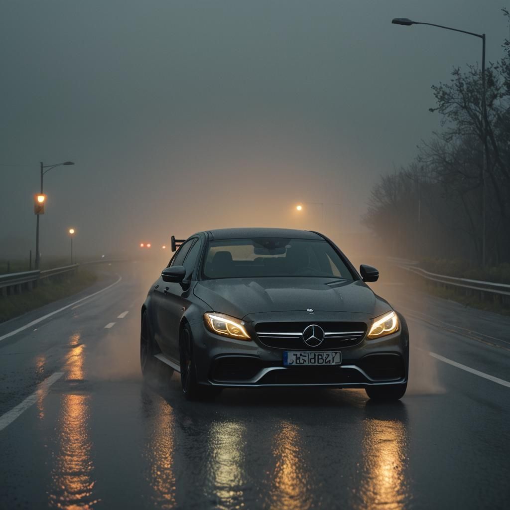 AMG C63 Speeds Down Misty Highway at Night