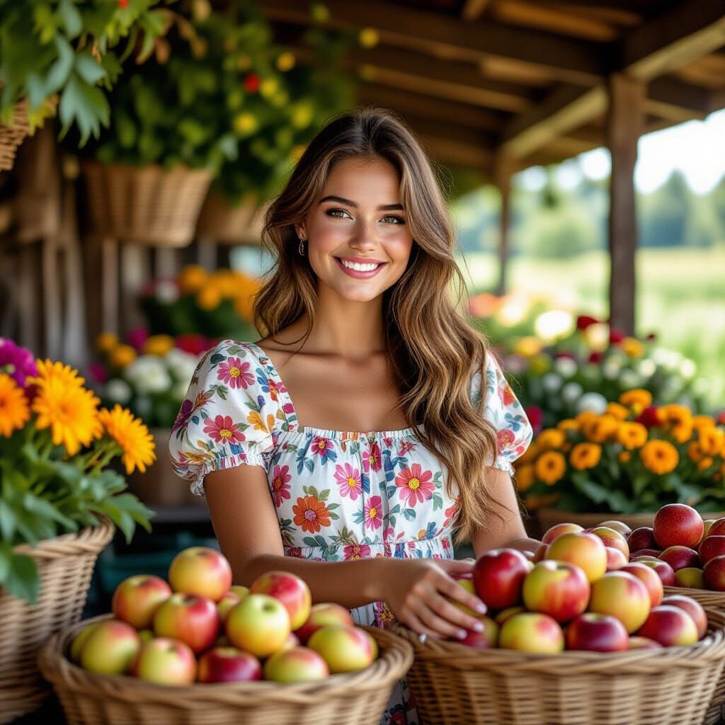 Young Woman Sells Apples at Farm Market
