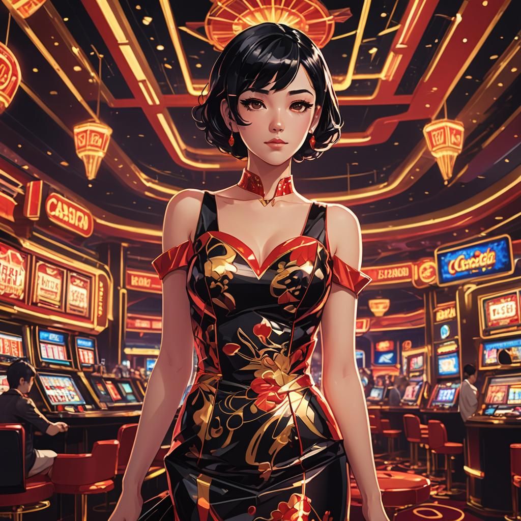 Anime Woman in Casino, Cel-Shaded Style