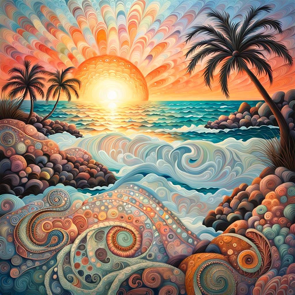 Abstract Sunset Painting on Rocky Tropical Beach