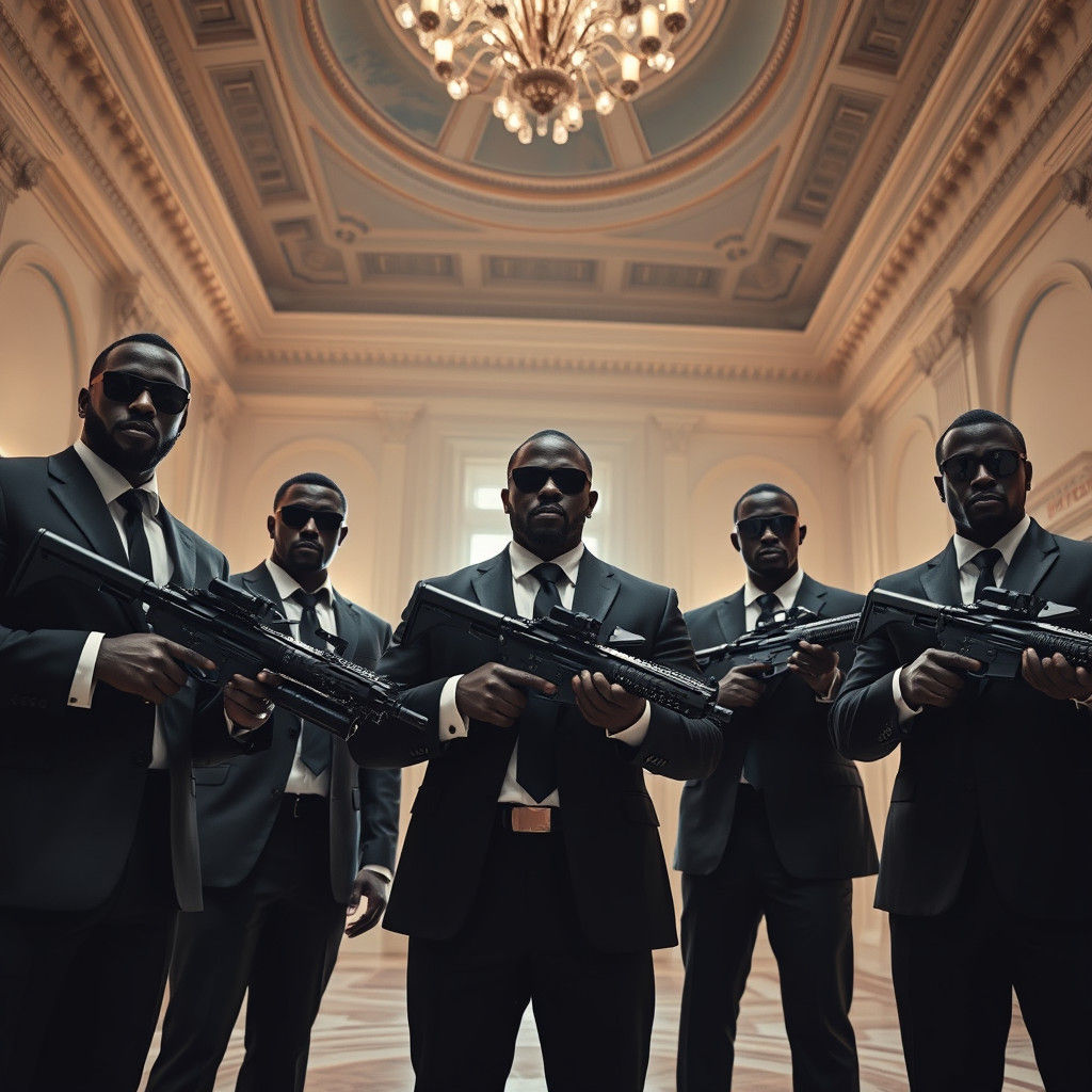 Intense Live Action Scene: Men in Suits with Rifles