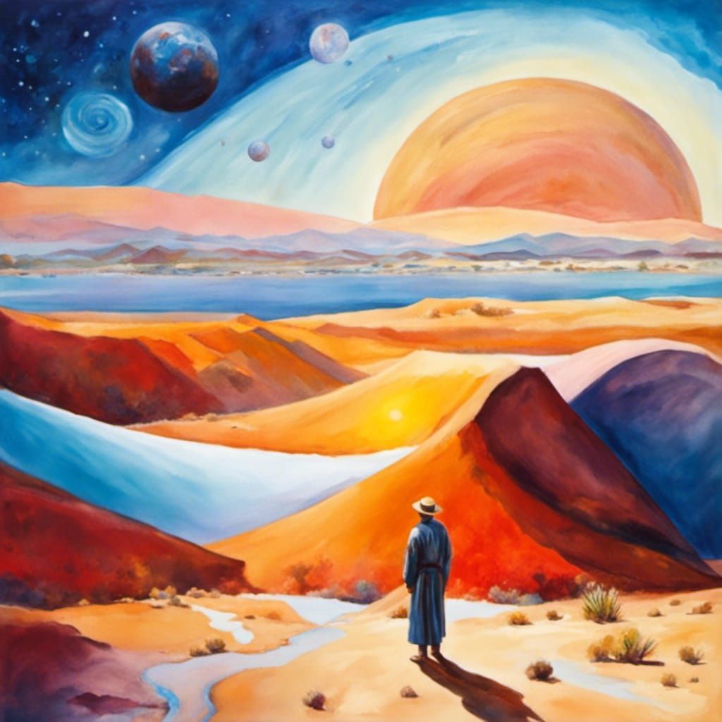 Desert Man with Solar System in Gouache Style