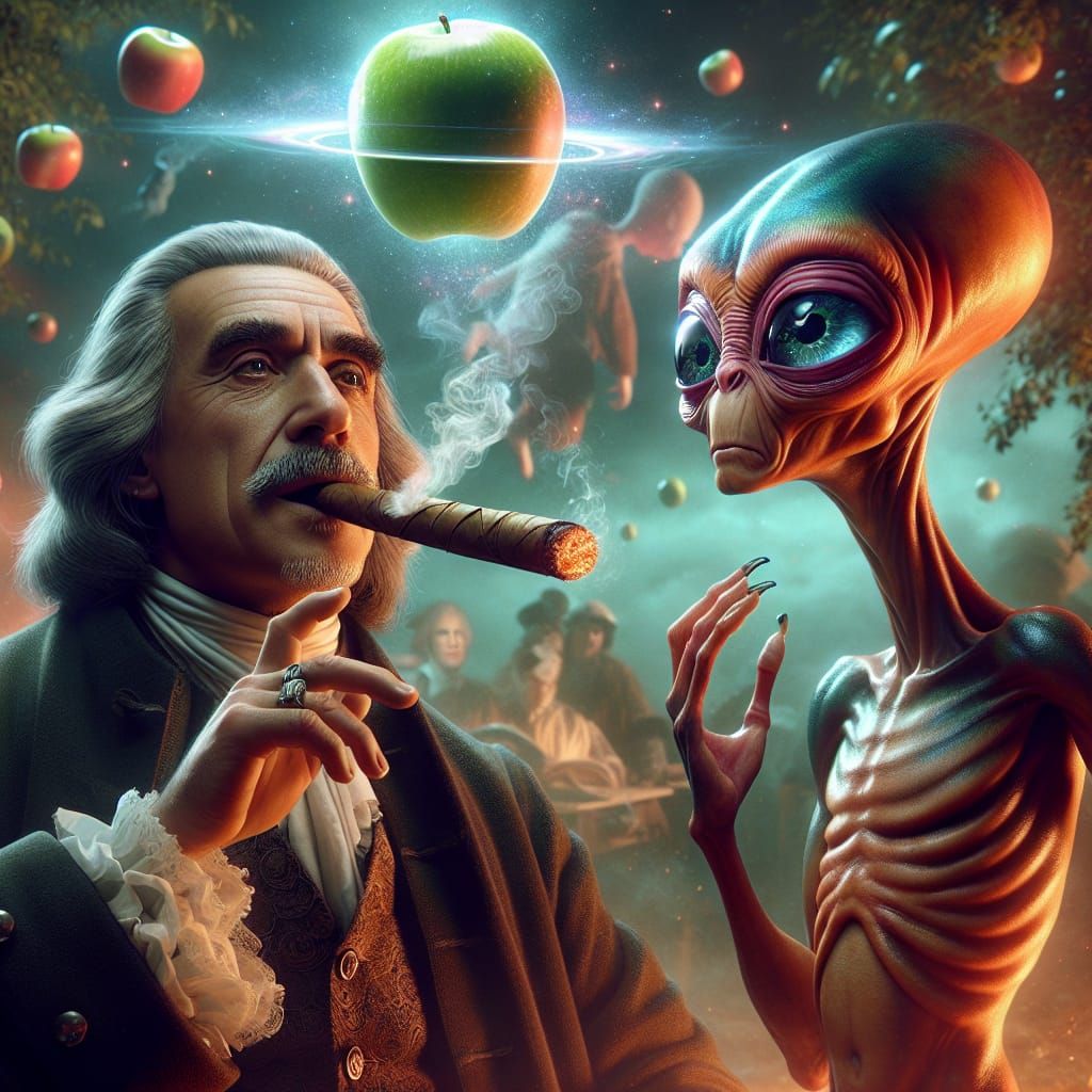 Sir Isaac newton smoking a blunt while an alien explains gra...