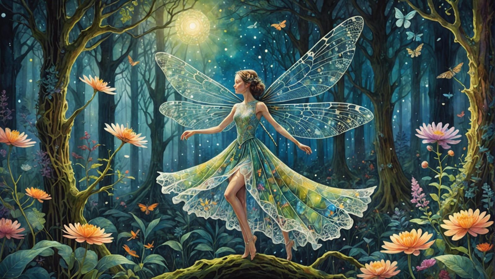 Dragonfly Woman in Mycelium Network, Watercolor Art