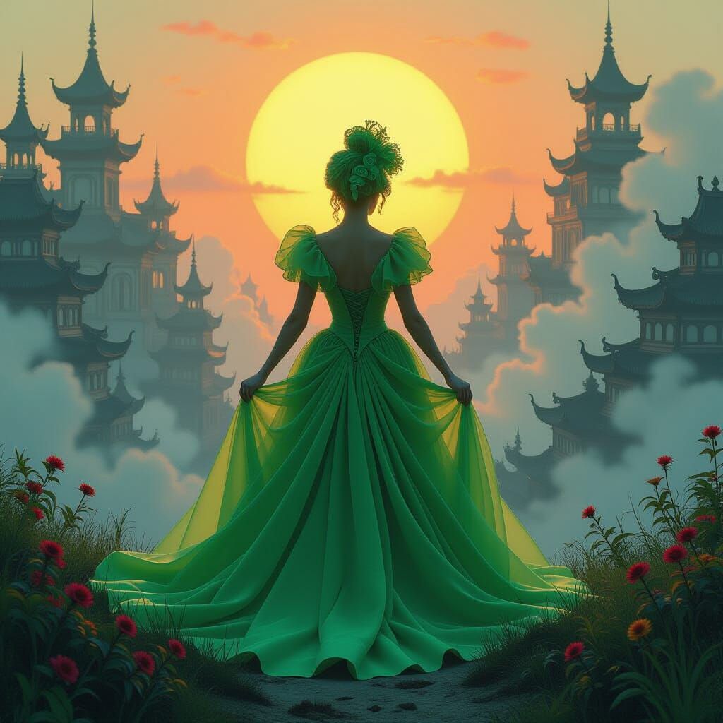 Ethereal Fantasy Landscape with Woman in Neon Gown