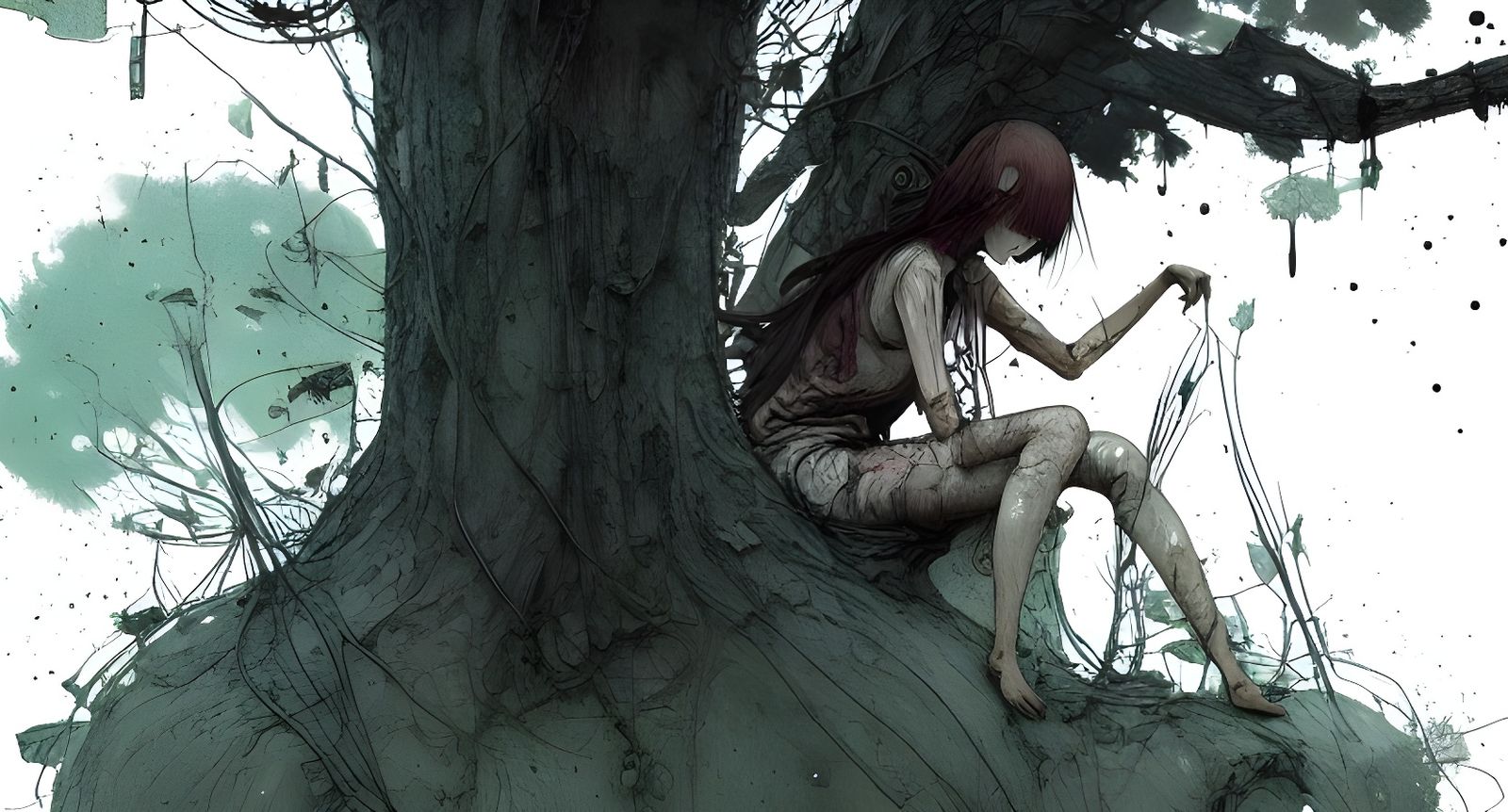 Girl Turning into Tree: Digital Watercolor Art