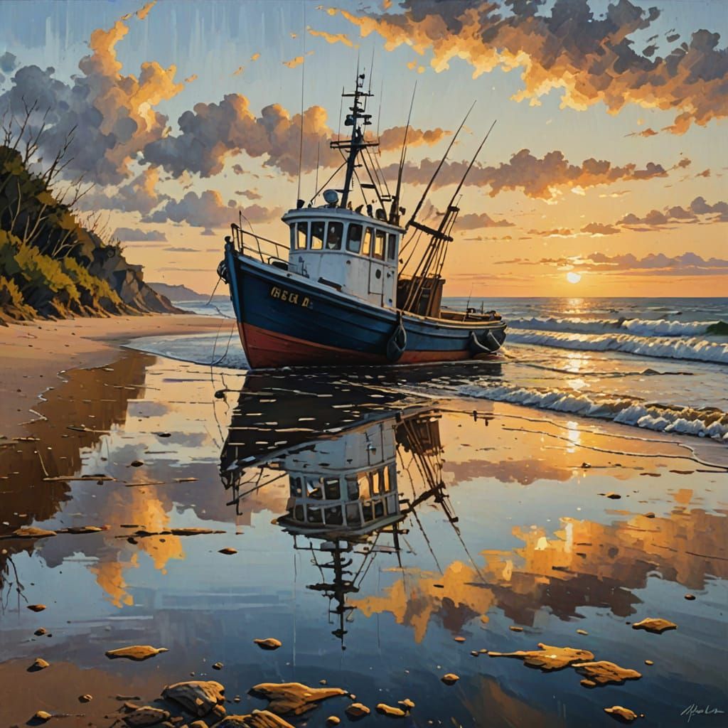 Fishing Boat on Stormy Sea in Oil Painting Style