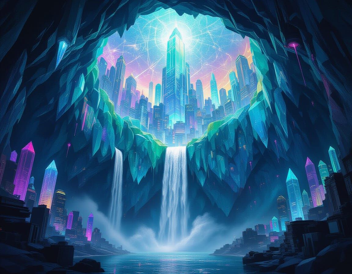 Futuristic City Waterfall in Crystalline Geode