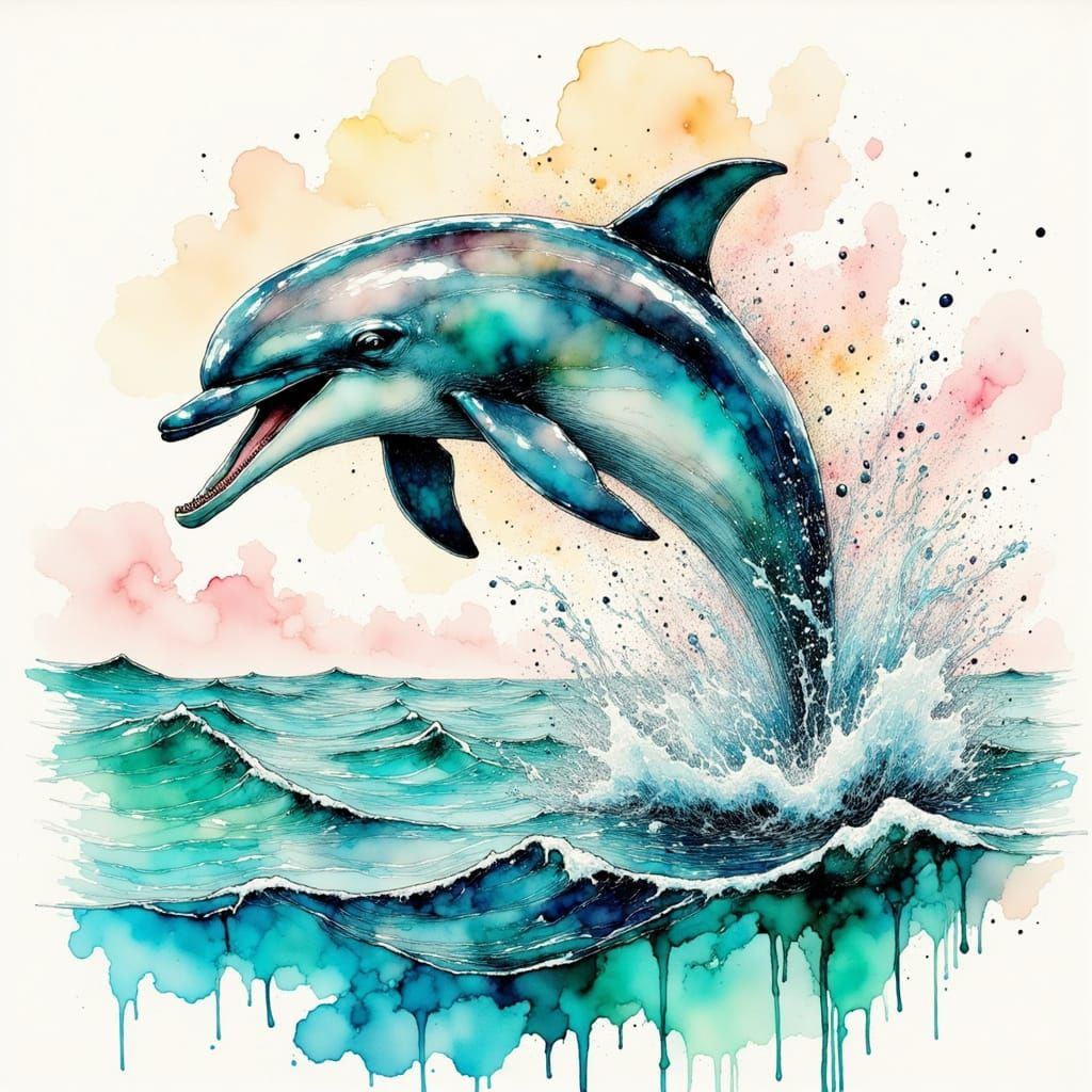 Dolphin Leaping from Ocean in Ink Poet Style