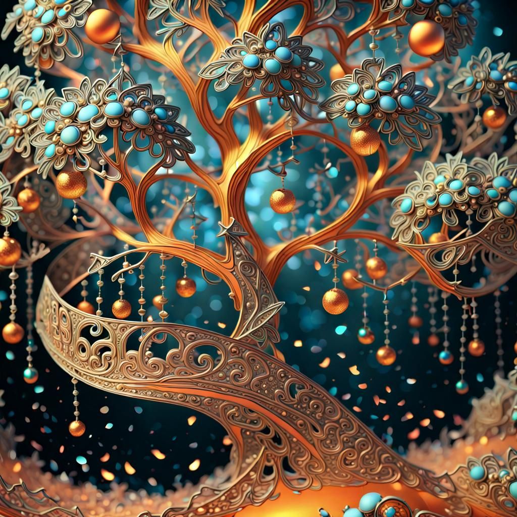 Tangerine Tree with Confetti in Art Nouveau Style
