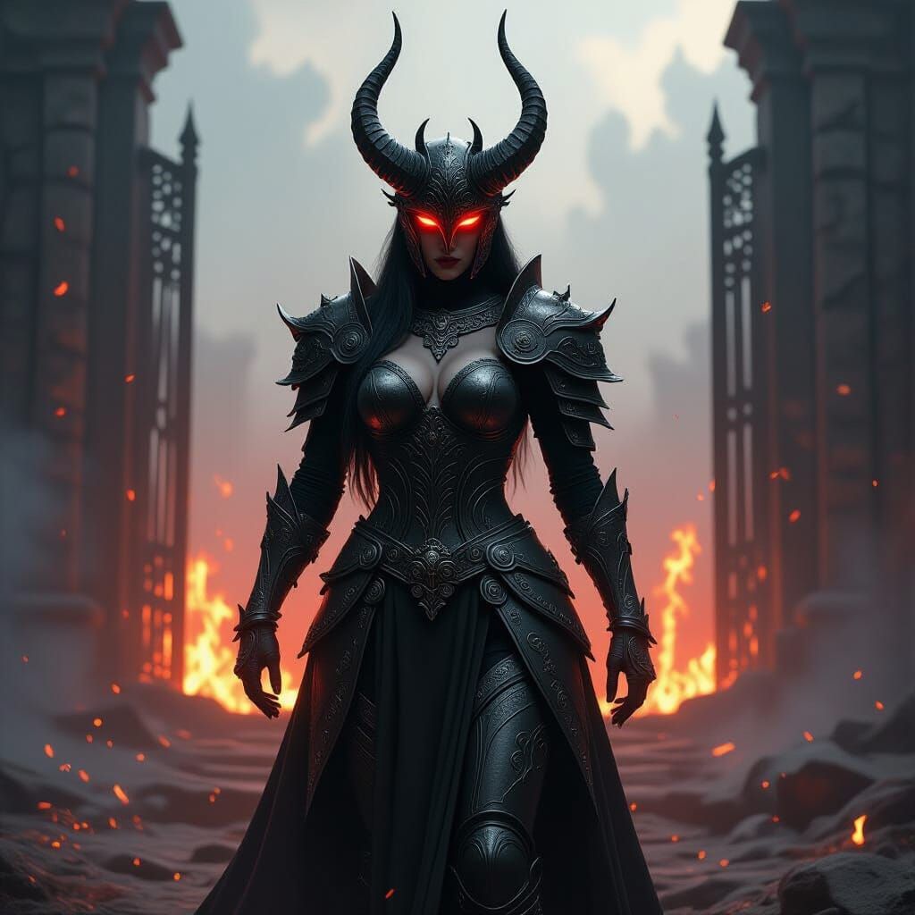 Hellish Knight Guards Underworld Gates in Dramatic Lighting