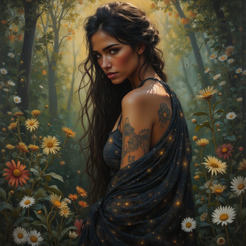 Black Goddess in Celestial Garden: Hyperrealistic Portrait