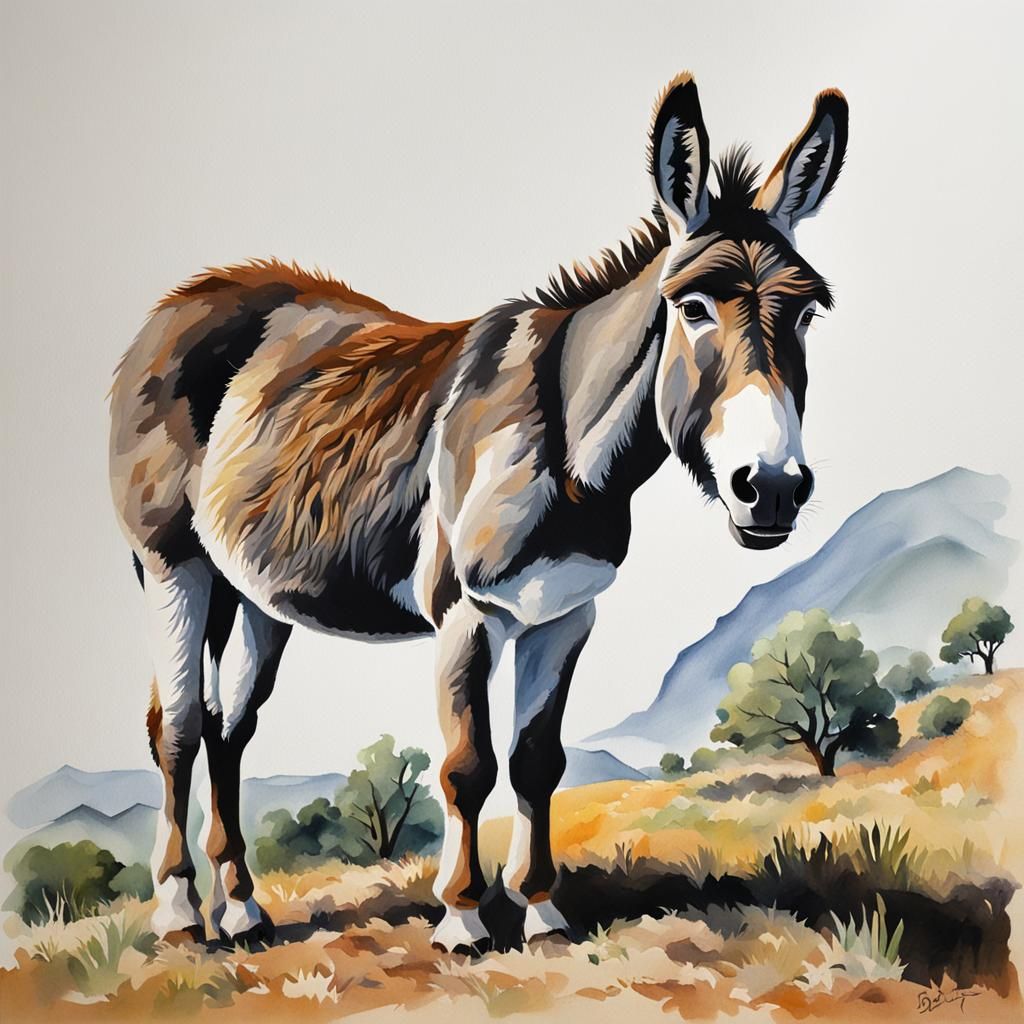 Detailed Gouache Painting of a Donkey