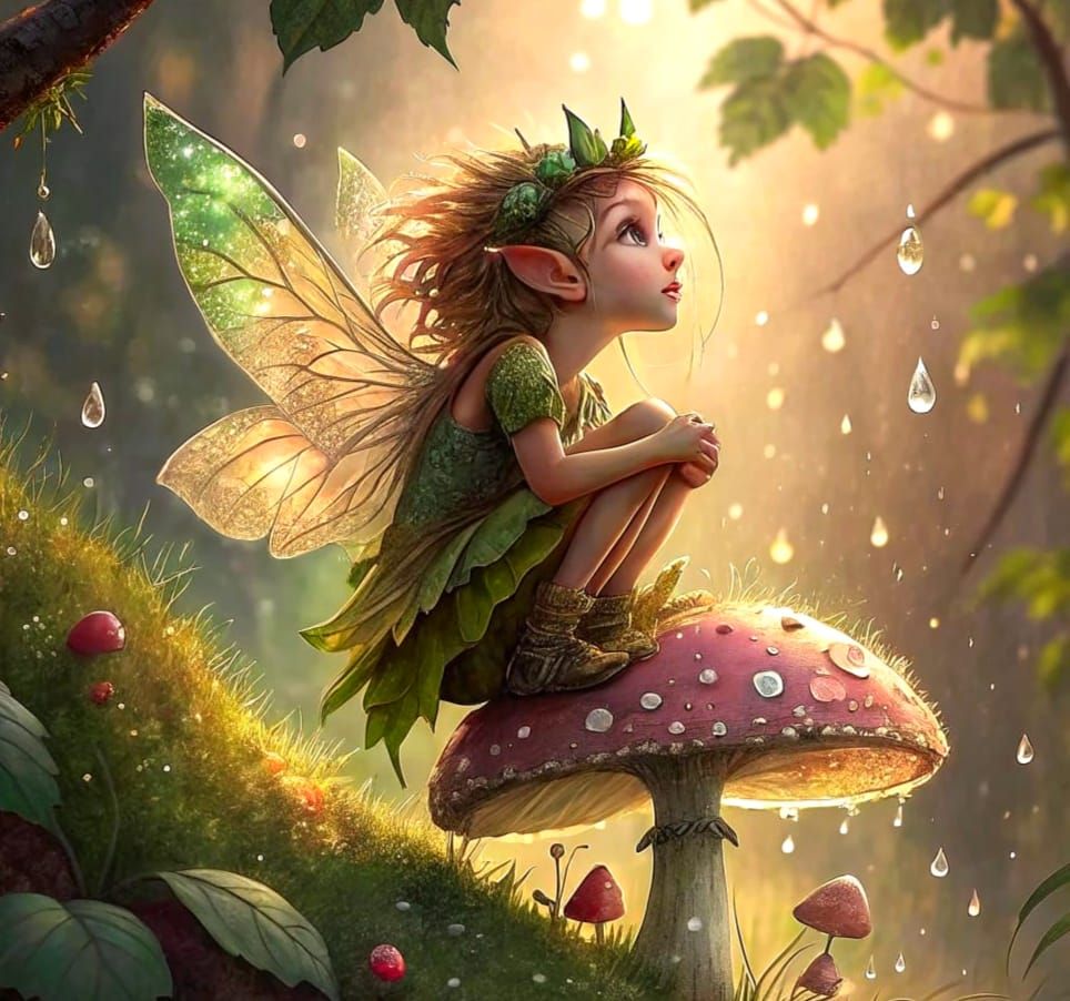 Whimsical Watercolour Fairy in Ethereal Rainy Scene