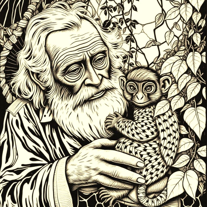 A Gentle Old Man with a Lovable Marmoset in a Vibrant Garden