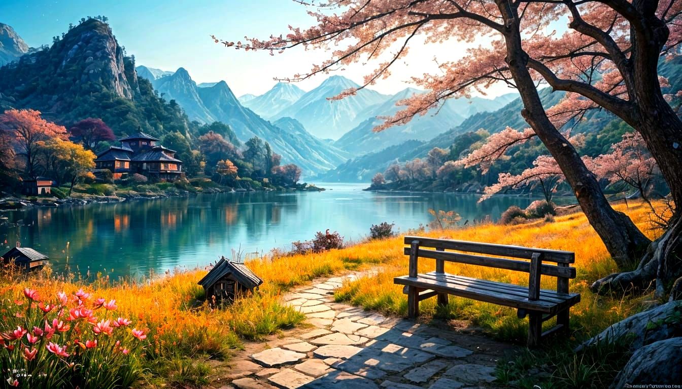 Serene Harbor Landscape as Chinese Ink Painting