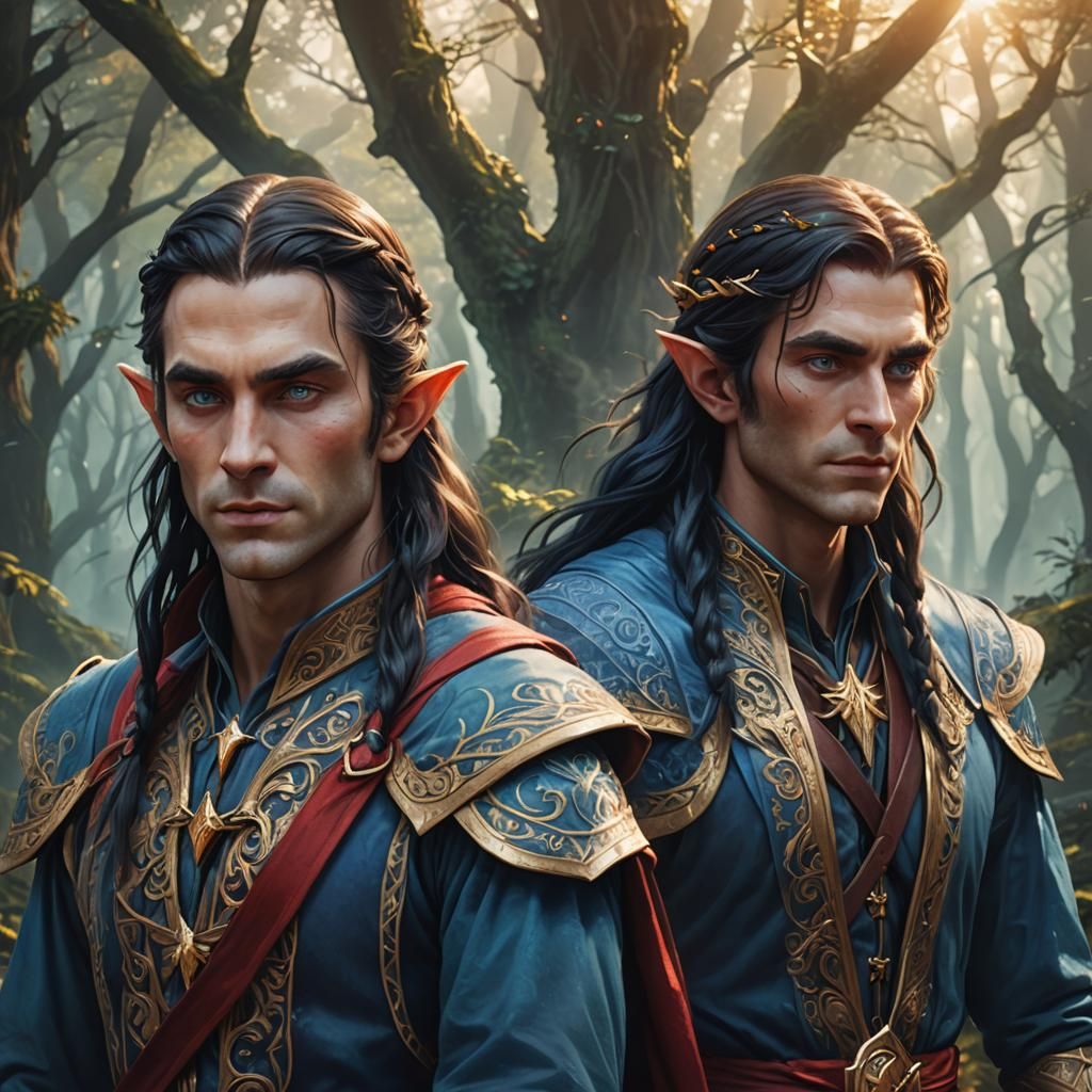 A  male elf with very long black hair braided in gold ribbon...