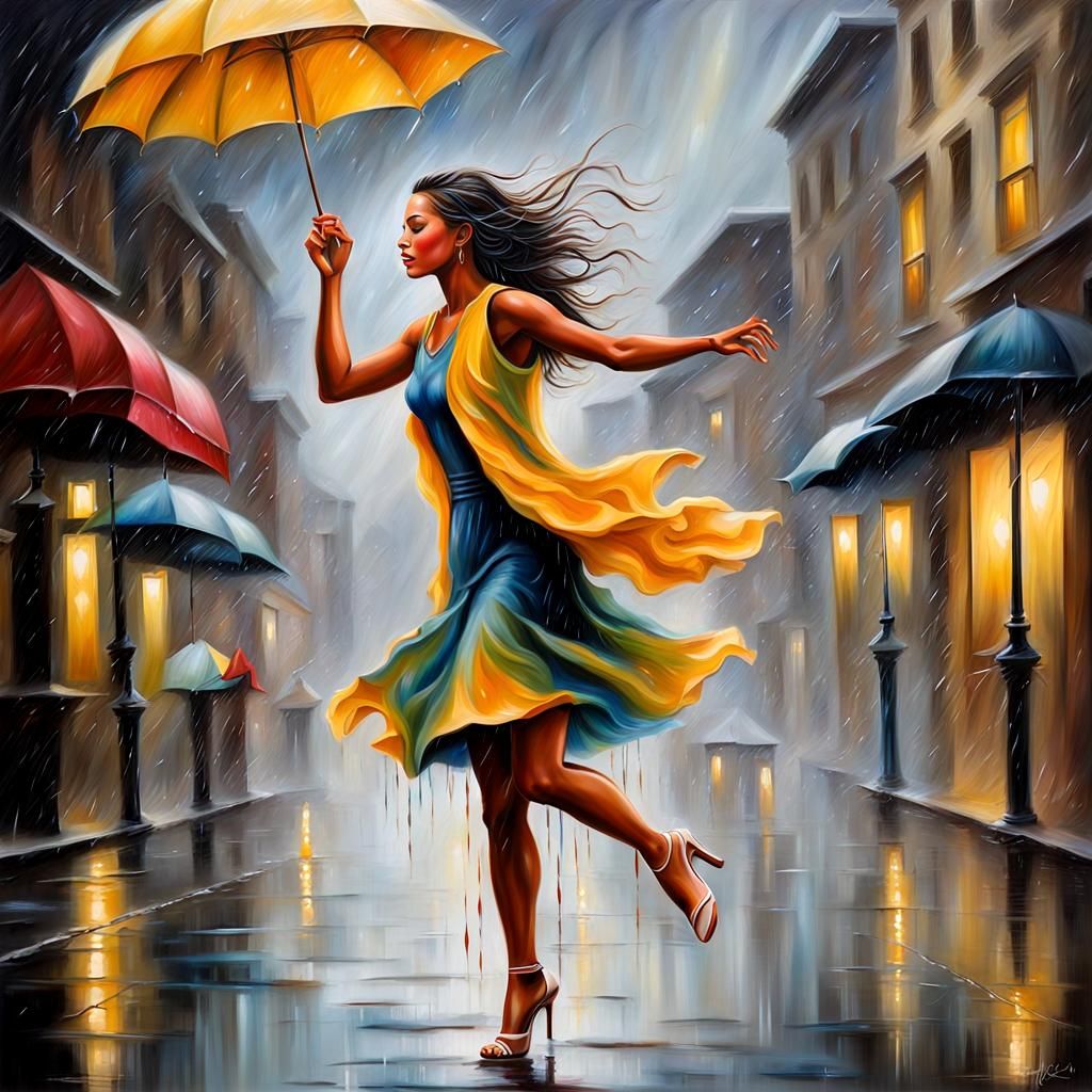 Girl Dancing in Rain: Airbrush Oil Painting
