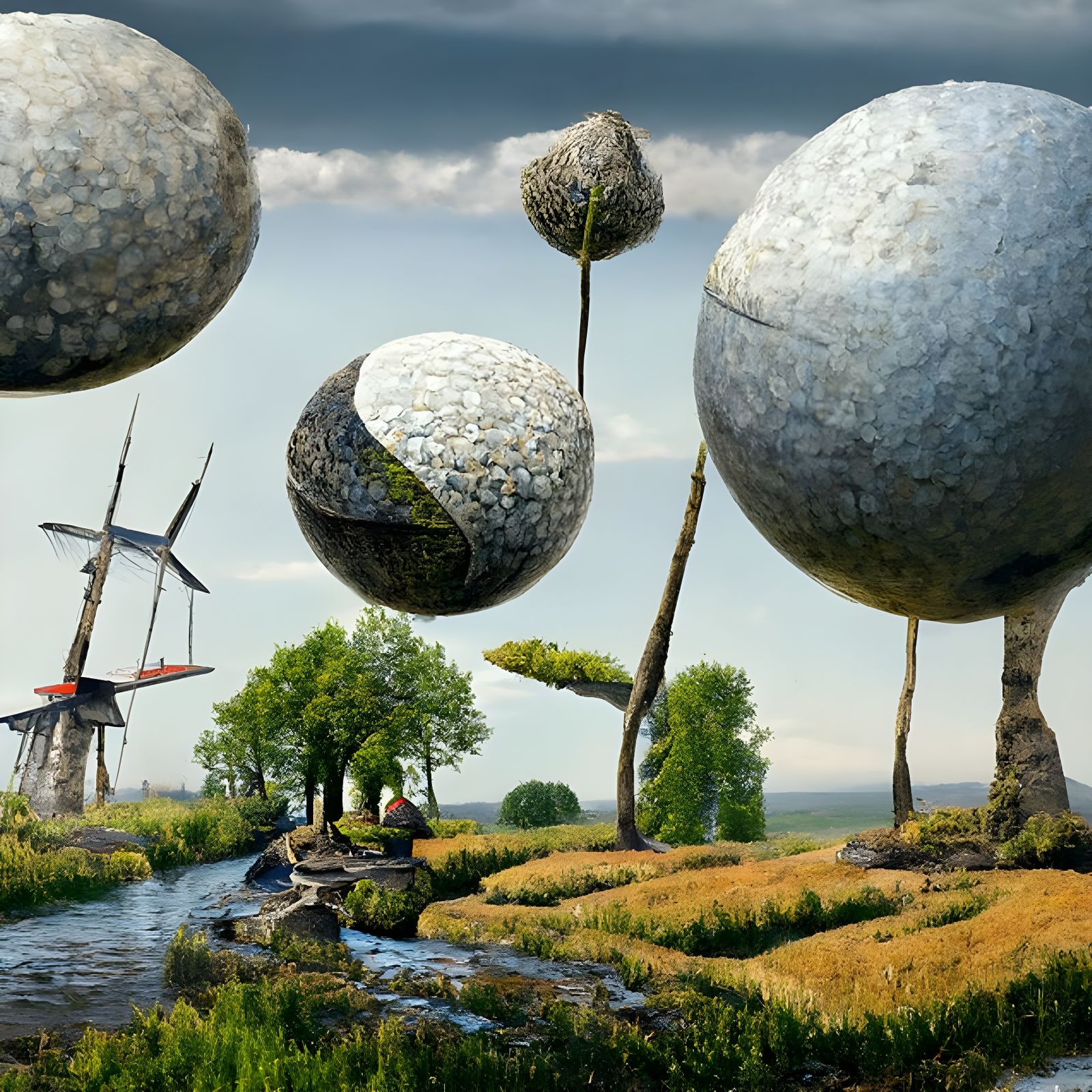 Floating Rock Spheres Over Dutch Windmill Landscape