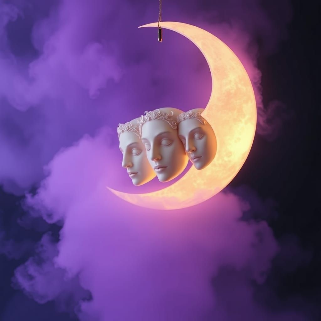 Mystical Crescent Moon with Ethereal Faces