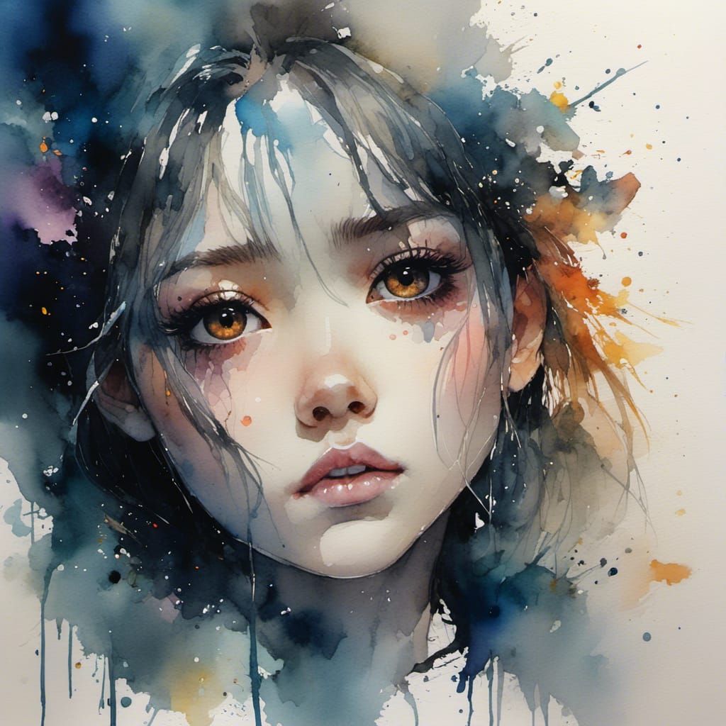 Crying Android Eyes in Watercolor Ink Sketch Style