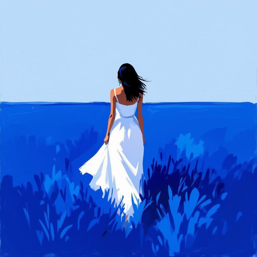 Woman in Yves Klein Blue Field, Bold Expressive Style