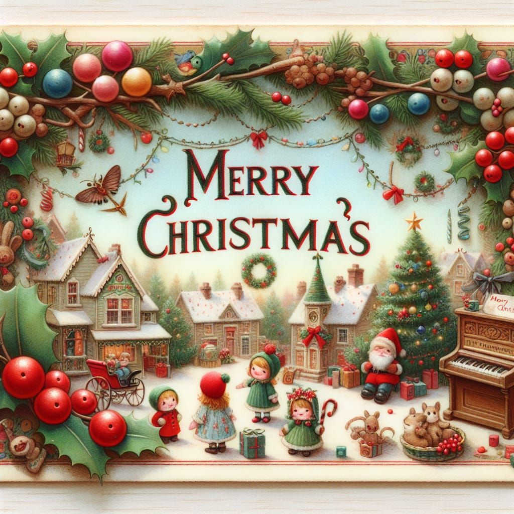 Nostalgic Christmas Postcard in Children's Book Style