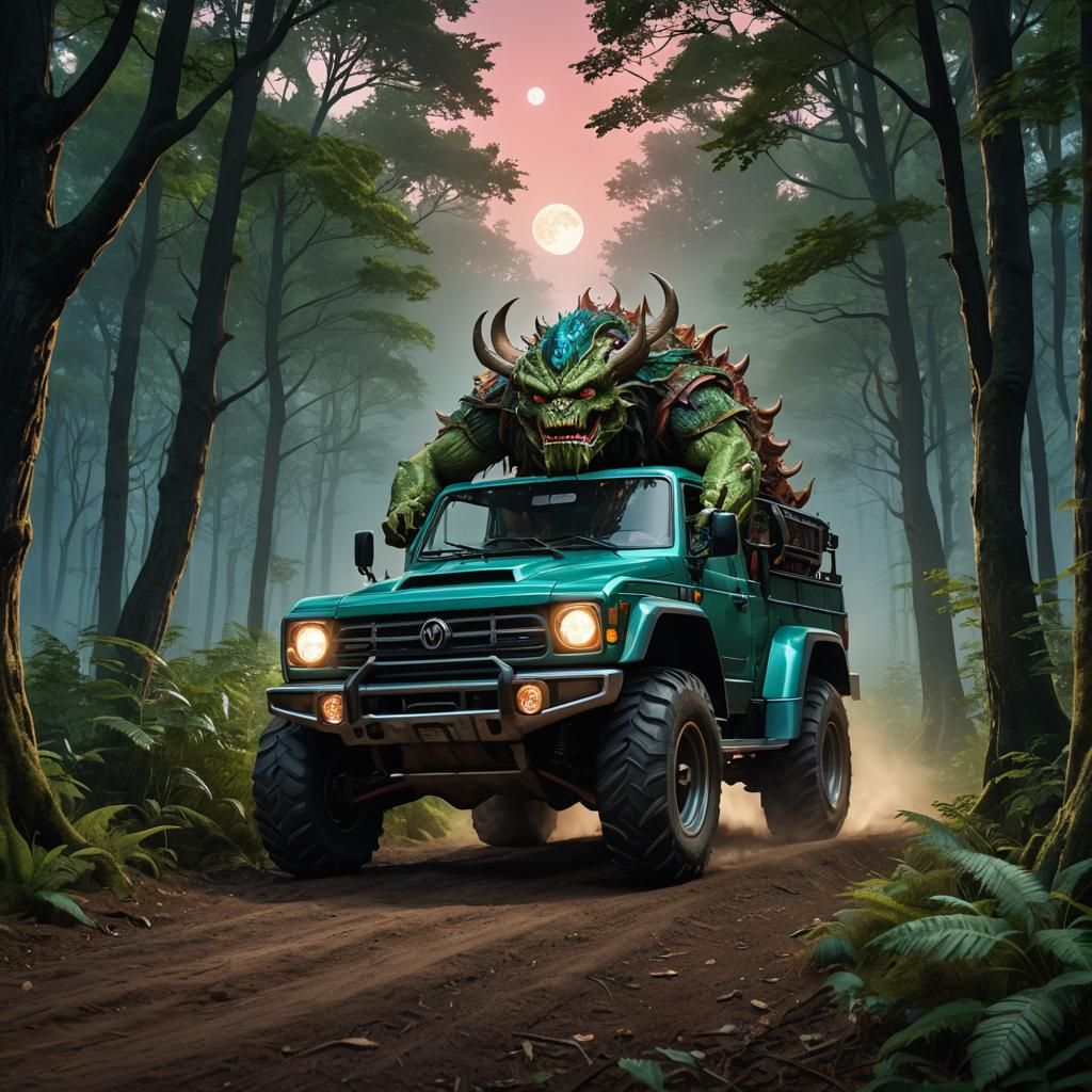 Monster Drives Bimba in Forest at Moonrise
