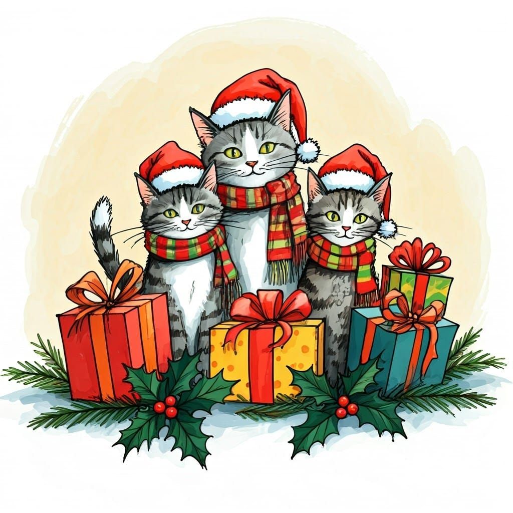 Surreal Christmas Cats in Whimsical Holiday Setting