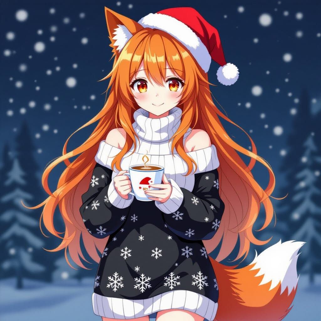 Anime Kitsune Woman in Snowy Sweater Dress