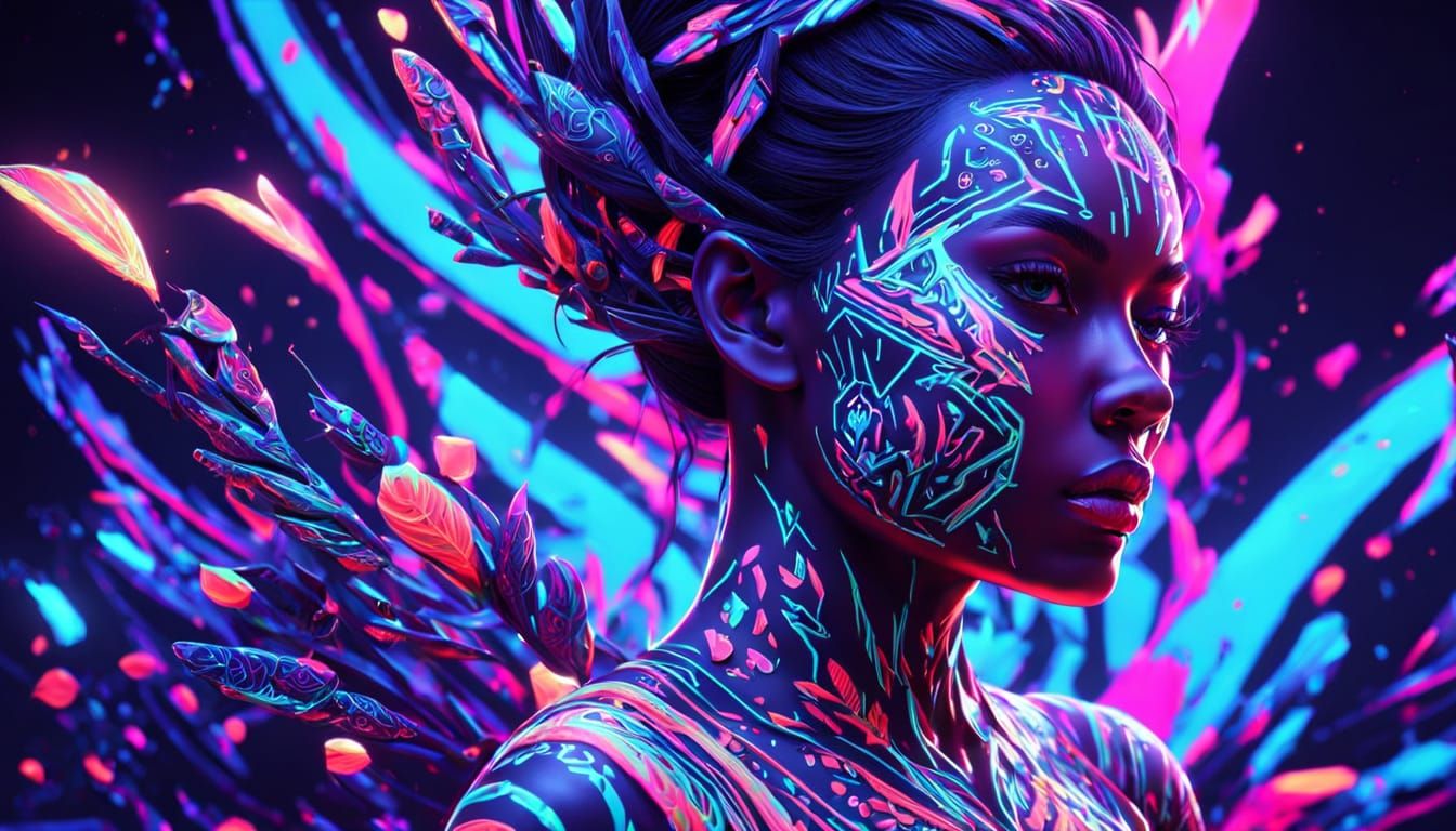 Girl with Neon Body Paint in Digital Art Style