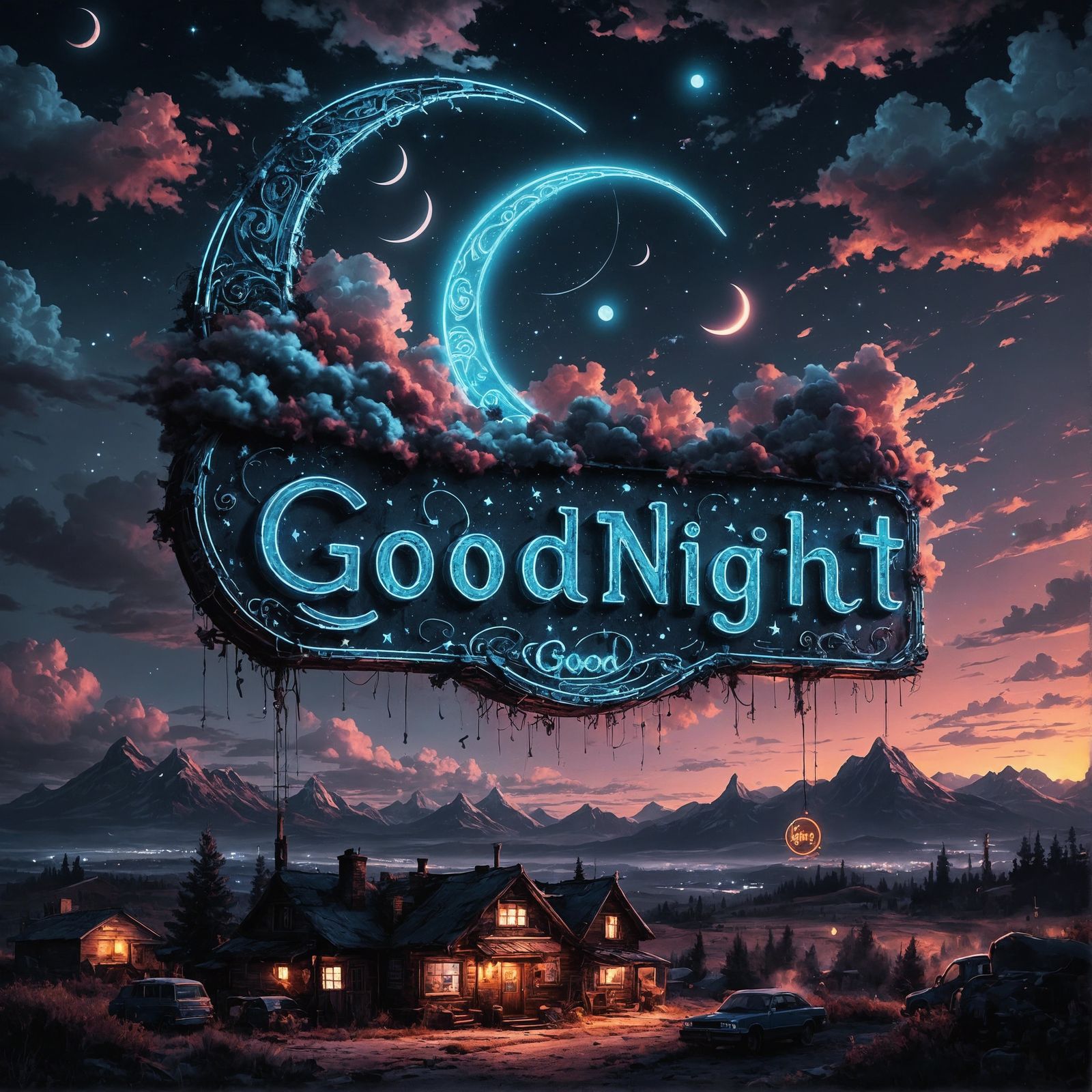 Neon "Good Night" Sign in Fantasy Landscape