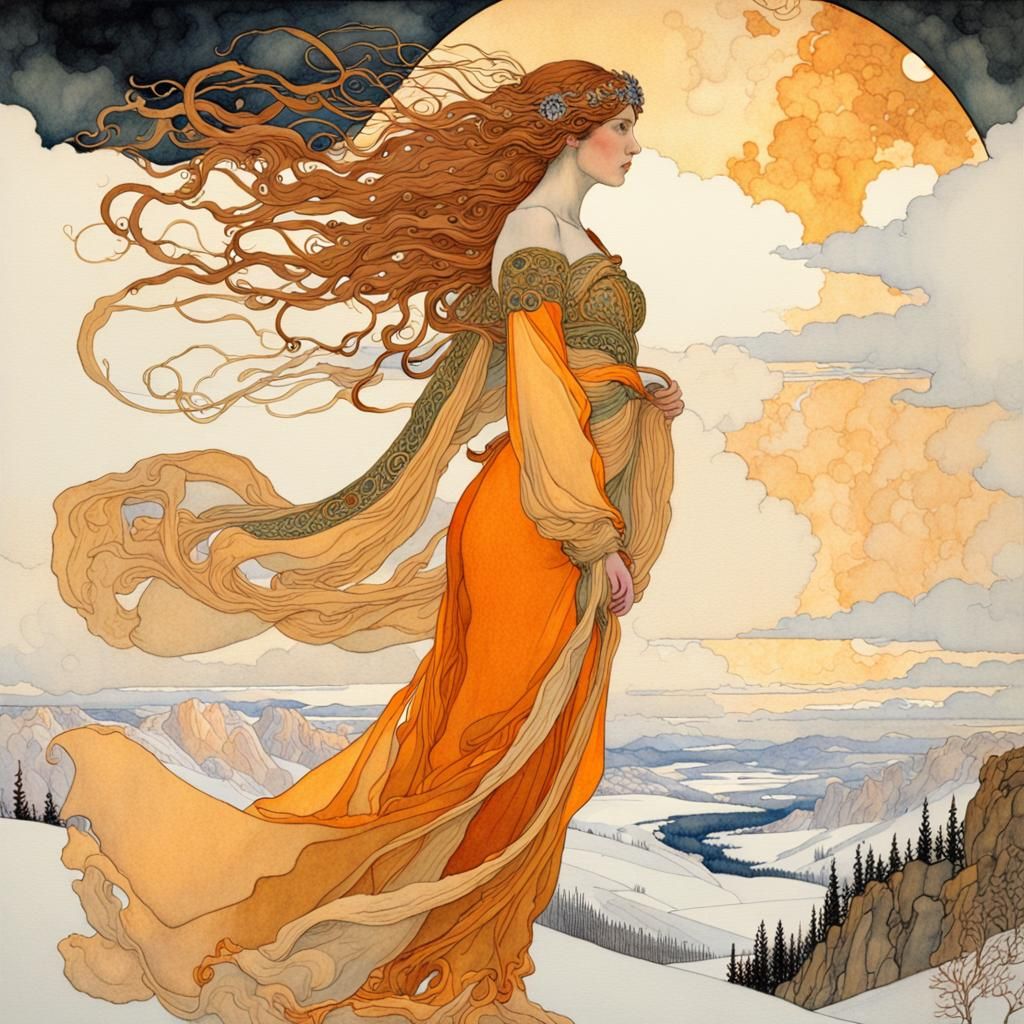 Winter Goddess in Stormy Landscape, Watercolor Style
