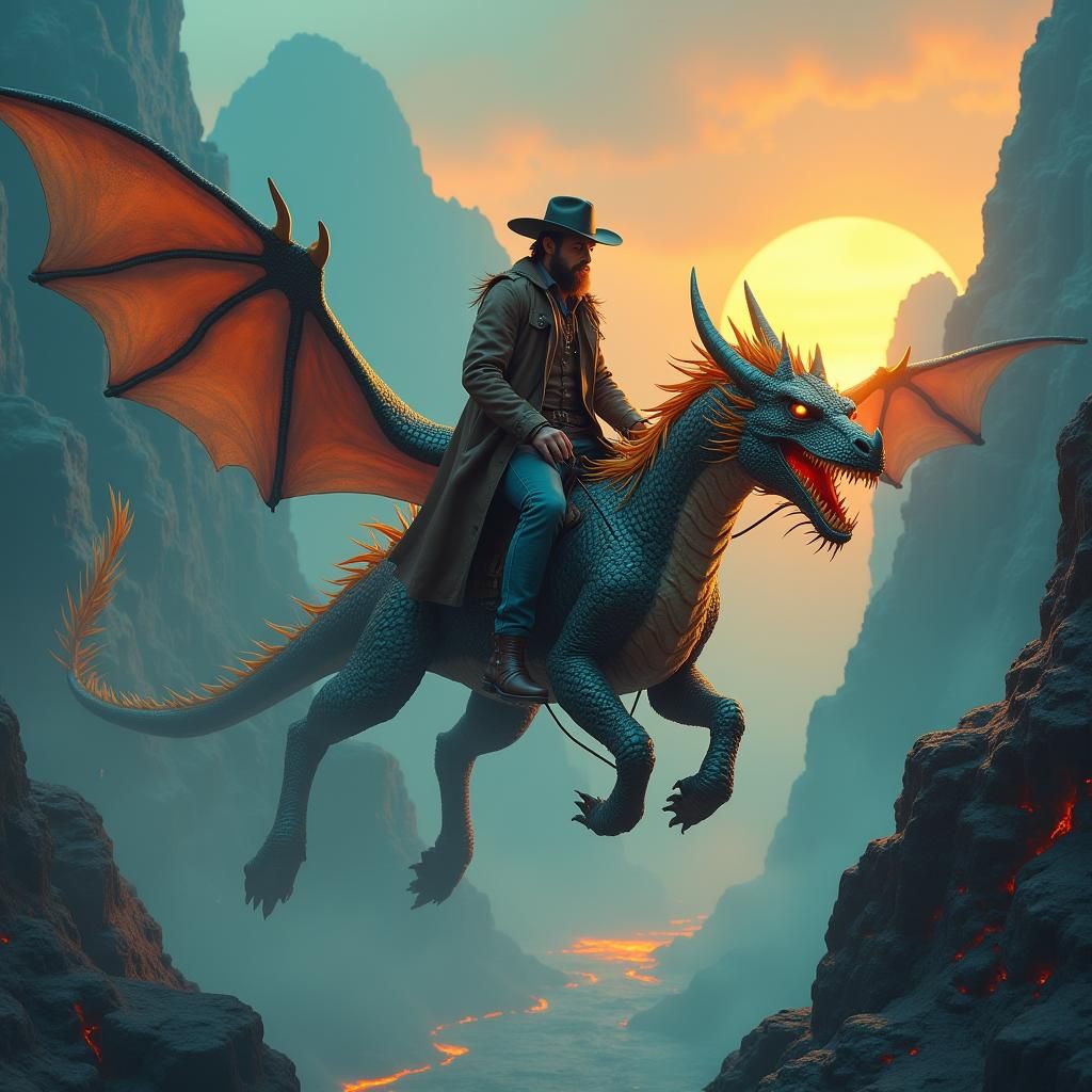Cowboy Riding Dragon in Mystical Canyon