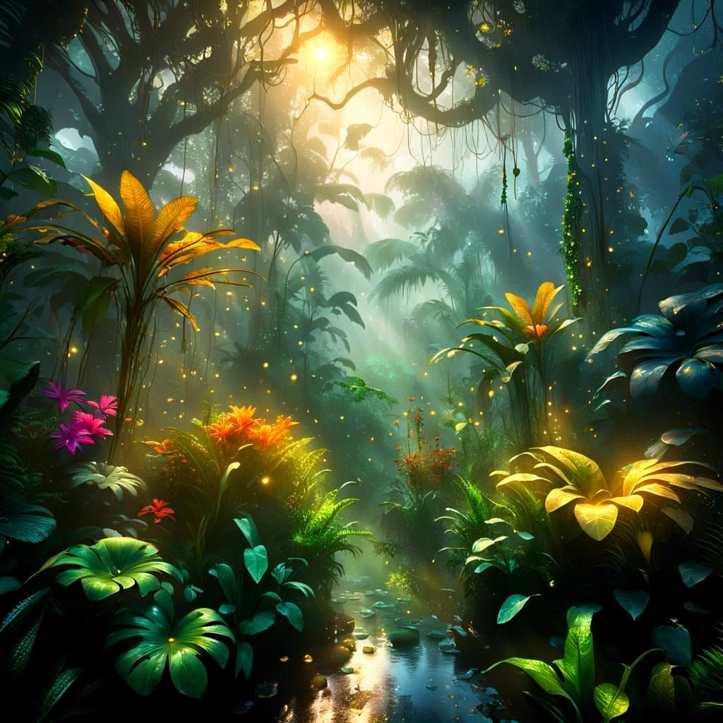 Vibrant Foggy Jungle Scene with Sunbeams